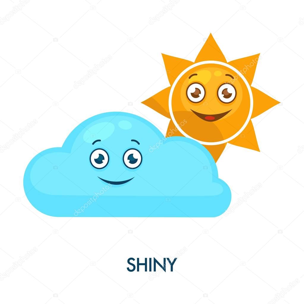 Shiny sun and cute cloud with cheerful faces. Good weather forecast icons with happy facial expressions. Bright fairy day symbols isolated cartoon flat vector illustration on white background.