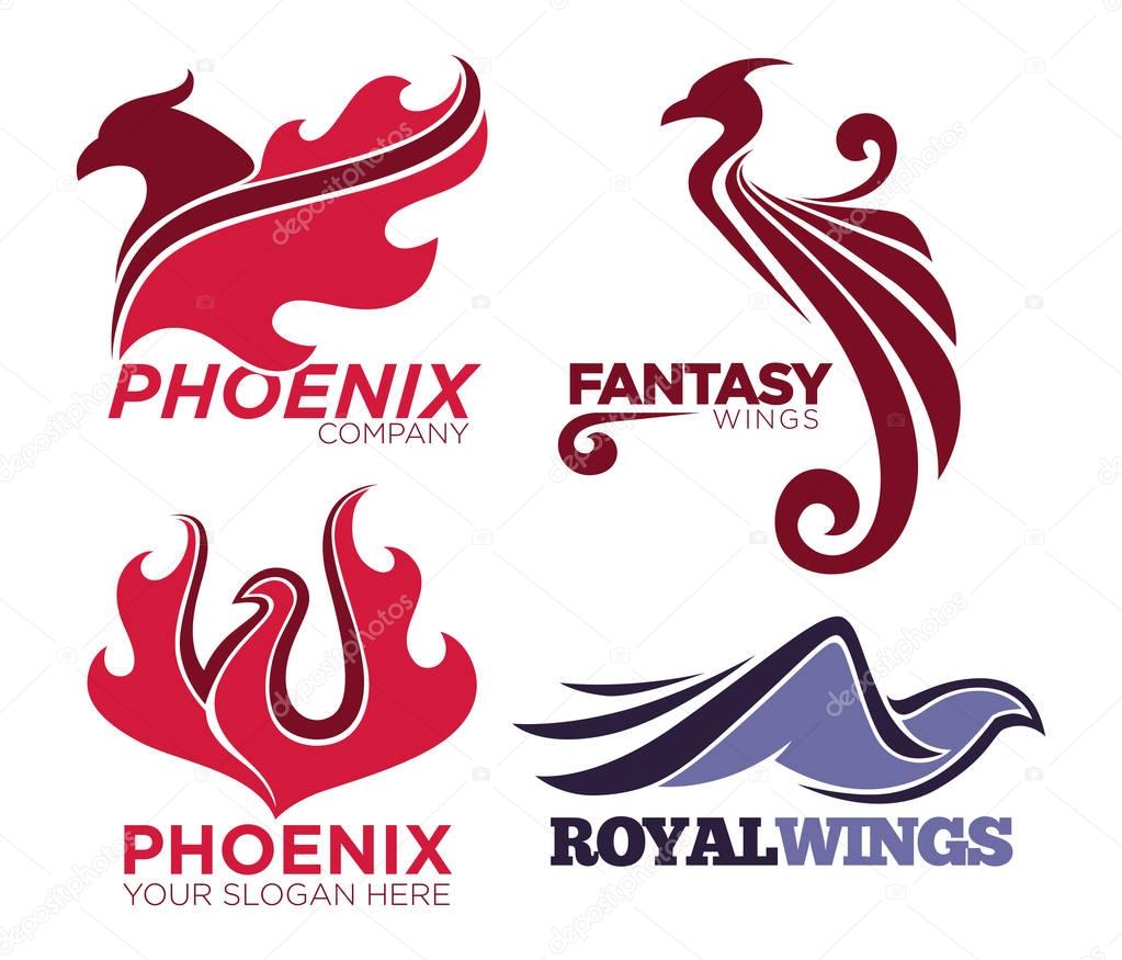 Phoenix bird or fantasy eagle logo templates set for security or innovation company. Vector isolated icons of mythic firebird spread wings symbol, flame fire phoenix for airline or tattoo design