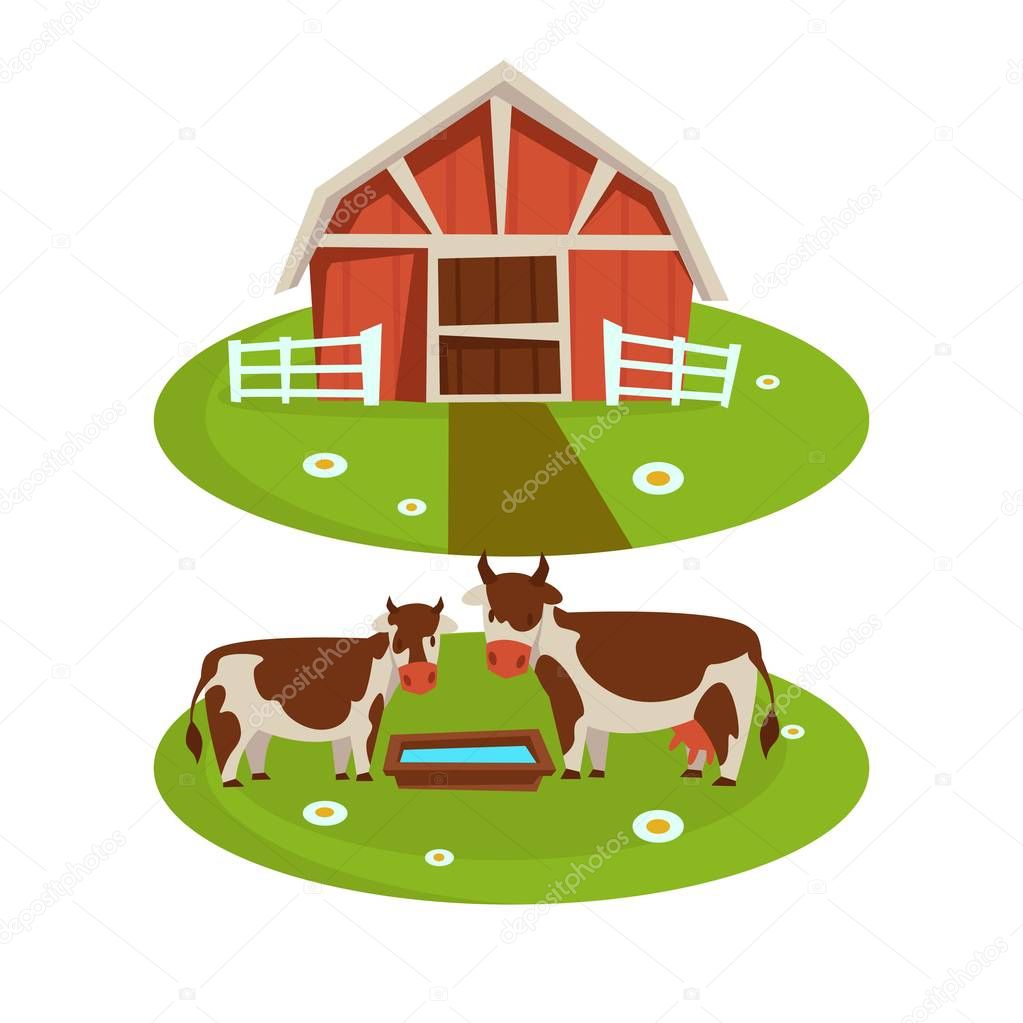 Farm household or farmer agriculture and cattle farming flat cartoon icons. Vector design of farmer house or barn and cows on pasture on corral