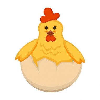 Şirin yeni doğan tavuk yumurta kabuğu yarısı. Sarı tüyleri, kısa kanatları, dolgun yumuşak göbek ve komik surat izole karikatür düz vektör çizim beyaz zemin üzerine dostça tombul tavuk.