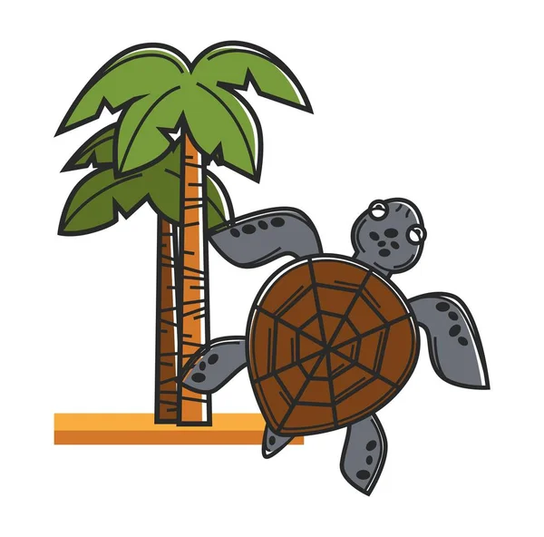 Höga Hawaiian Palms Sand Och Enorma Havssköldpadda Tropiska Träd Växt — Stock vektor