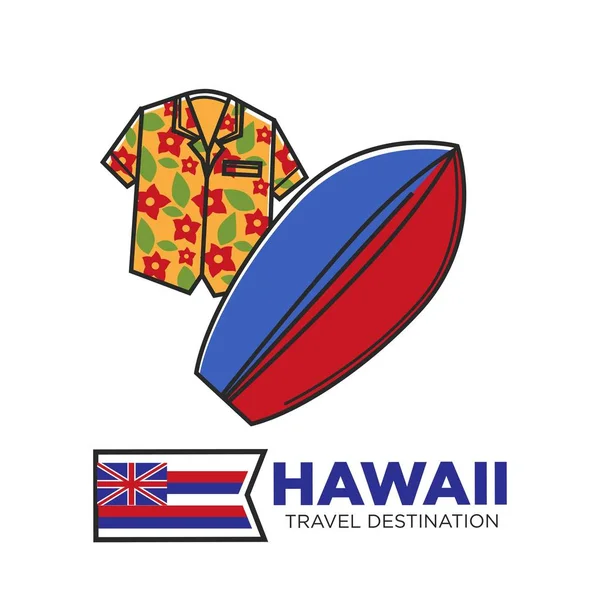 Hawaii Reiseziel Werbeplakat Mit Blumenmuster Hemd Und Holz Surfbrett Traditionelle — Stockvektor