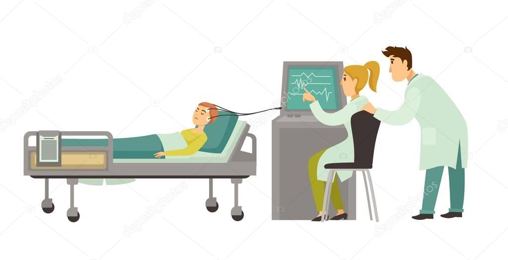 Medical head examination with patient and doctors at monitor. Rheoencephalography REG or Electroencephalography EEG encephalography head medical examination of patient on couch and physicians