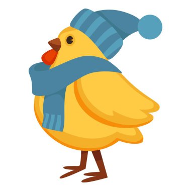 Komik tavuk sıcak örme şapka ve atkı. Tombul tavuk sarı tüyleri ve kış aksesuarları ile. Çok güzel yerli kuş kimliği headdress izole karikatür düz vektör çizim beyaz arka plan üzerinde.