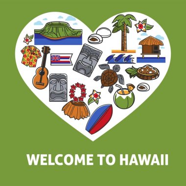 Hawaii promosyon afiş Ulusal sembolleri ile hoş geldiniz. Vahşi doğa, Taş heykeller, akustik gitar, geleneksel giysiler, yemekler meyve, parlak sörf tahtası ve büyük kaplumbağa dolu çizimler vektör.