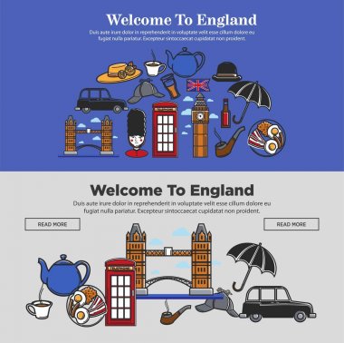 İngiltere'de promosyon afiş Ulusal sembolleri ile hoş geldiniz. Ünlü mimari yapılar, geleneksel gıda ve yağmurlu hava karikatür düz vektör çizimler ticari afişlerde ayarla.