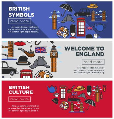 İngiliz Kültür ve simgeleri Internet sayfaları şablonları ayarlamak. Mimari manzaraları, ulusal özellikleri ve geleneksel yemekleri karikatür düz vektör çizimler üzerinde tanıtım web siteleri şablonları ayarlamak.