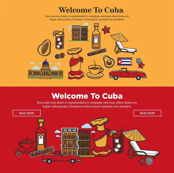 Bienvenue Cuba Affiche Promotionnelle Avec Des Symboles Nationaux Voitures Vintage — Image vectorielle