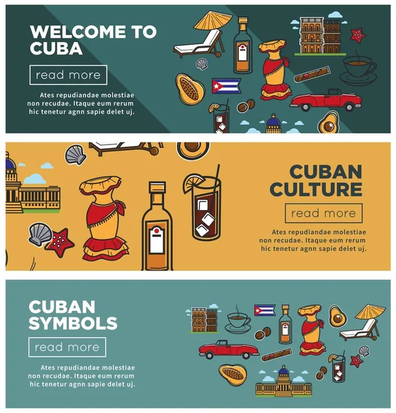 Cubaanse Cultuur Symbolen Promo Internet Banners Set Reisbureau Publiciteitsaffiches Met — Stockvector