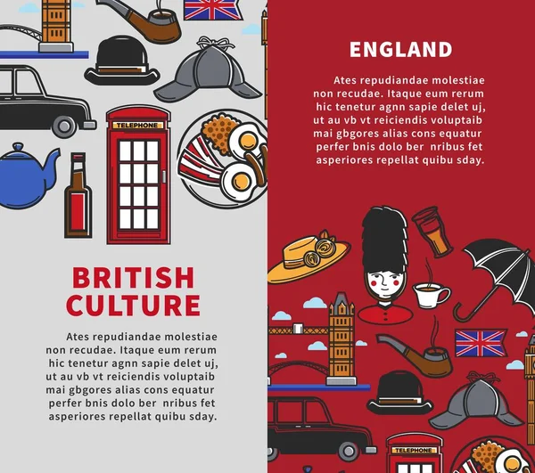 Folletos Viaje Verticales Cultura Británica Con Texto Muestra Comida Tradicional — Archivo Imágenes Vectoriales