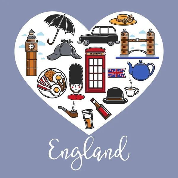 Cartel Promocional Inglaterra Con Símbolos Nacionales Dentro Del Corazón Cabina — Archivo Imágenes Vectoriales