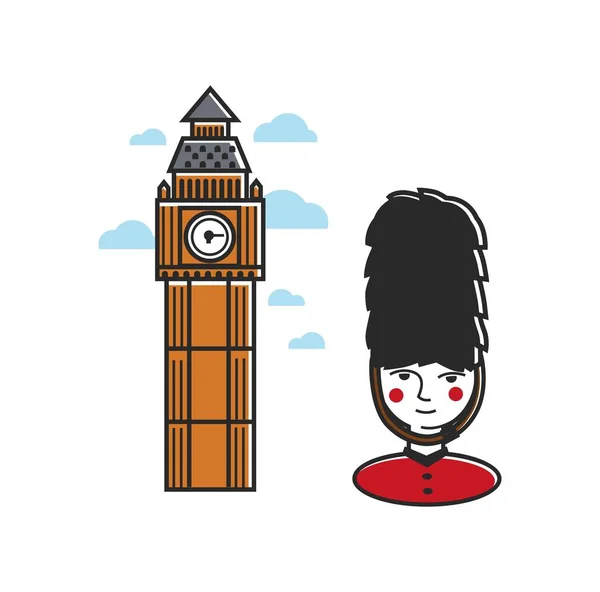 Torre Con Reloj Guardia Real Uniforme Principales Símbolos Nacionales Británicos — Vector de stock