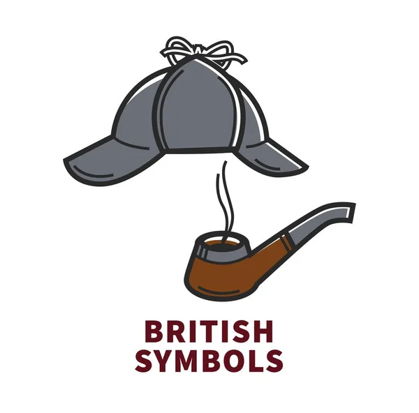 Cartel Promocional Símbolos Británicos Con Los Famosos Accesorios Sherlock Holmes — Vector de stock