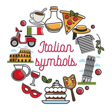 İtalyan sembolleri poster Ulusal Mimarlık ve mutfağı ile. Kültürel özellikleri, lezzetli yemekler ve ünlü binalar, vektör çizimler