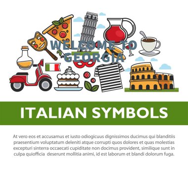 İtalyan ulusal sembolleri. Leziz geleneksel yemekler, eşsiz mimarisi ve otantik kültür çizgi film düz vektör çizimler 