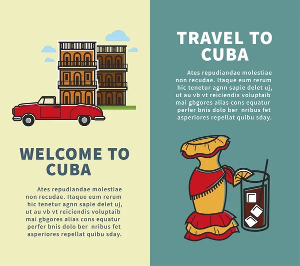 Voyage Cuba Livrets Verticaux Avec Exemple Texte Immeuble Authentique Cabriolet — Image vectorielle