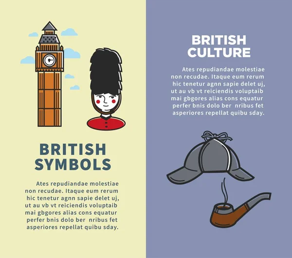 Cultura Británica Símbolos Folleto Torre Alta Con Reloj Guardia Uniforme — Vector de stock