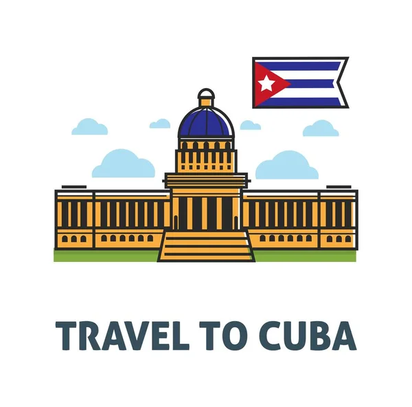 Cartel Comercial Viaje Cuba Con Edificio Capitolio Bandera Nacional Vista — Vector de stock