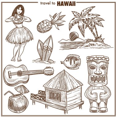Hawaii seyahat ünlü sembolleri sketch vektör
