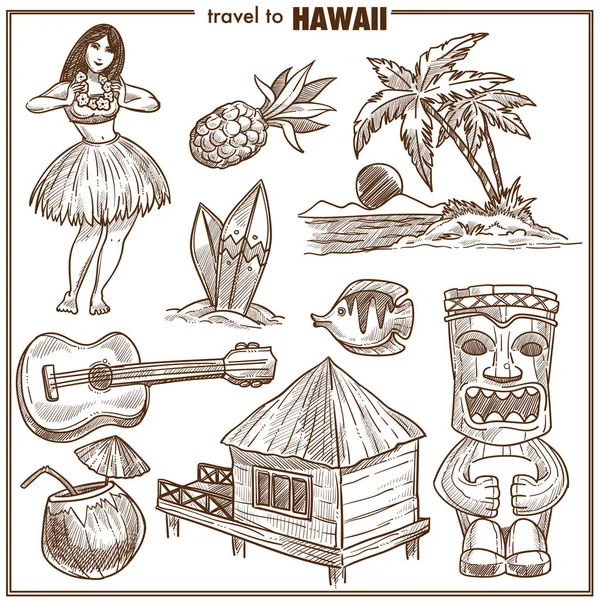 Hawaii Viagens Símbolos Famosos Esboço Vetorial — Vetor de Stock