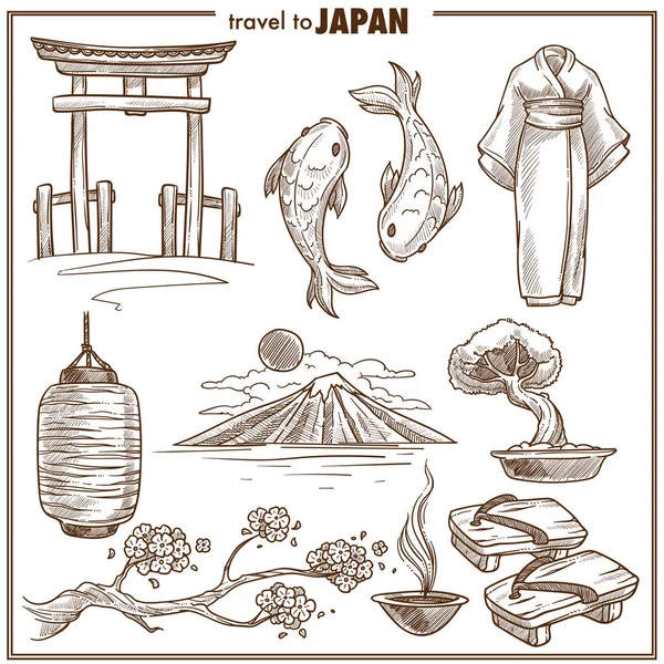 Japon Vecteur Voyage Symboles Croquis Emblématiques — Image vectorielle