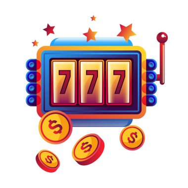 Meyve makine ve altın para ile Casino Promosyon amblemi. Özel mekanik cihaz ticari logo izole karikatür vektör çizim üzerinde Kazanılan para kazık içerir online oyun.