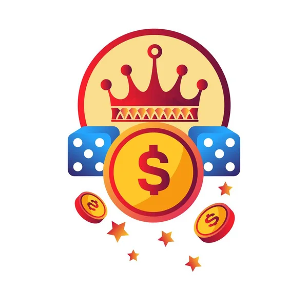 Современный Рекламный Логотип Казино Королевской Короной Золотыми Монетами Голубыми Костями — стоковый вектор