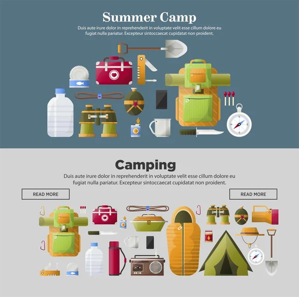 Summer Camp Web Banners Modelos Para Camping Aventura Scout Kit —  Vetores de Stock