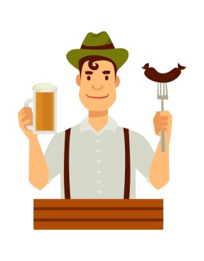 Alman sosisi çatal ve büyük kupa ile yeşil şapkalı Eğer bira. Adam Milli yemek yiyor. Ulusal mutfağı ve typican ülke temsilcisi izole karikatür düz vektör çizim beyaz arka plan üzerinde.