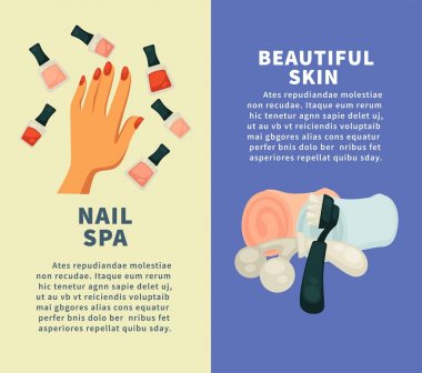 Nail Spa ve yordamlar için güzel bir cilt dikey afiş. Cilalar, el ile manikür, şişe havlu, elektrikli cihaz ve özel fırça vektör çizimler promo afişlerde haddelenmiş.