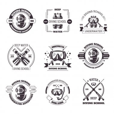 Dalış Okulu sahil yolu tek renkli amblem alt keşfetmek için ekipman ile. Tüpler, büyük kauçuk palet ve Logotype izole karikatür sualtı silah ile özel maskeler illüstrasyonlar set vektör.