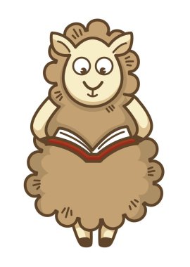 Şirin tüylü koyun kıvırcık yün ile kitap okur. Evcil hayvan eğlence daha eğitimli olmak ders kitabı ile geçiriyor. Çocukça karakter çalışmaları izole karikatür vektör çizim beyaz arka plan üzerinde.