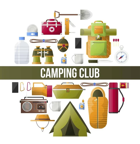 Camping Club Juliste Partiolainen Seikkailu Vuorikiipeily Retkikunta Vektorileiri Vaellus Työkalut — vektorikuva