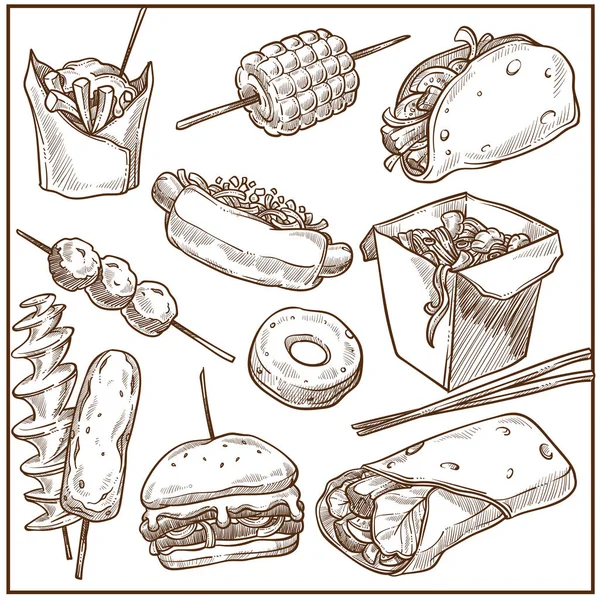 풍부한 패스트 스케치 컬렉션입니다 햄버거 바삭한 타코와 막대기 일러스트 세트에 — 스톡 벡터