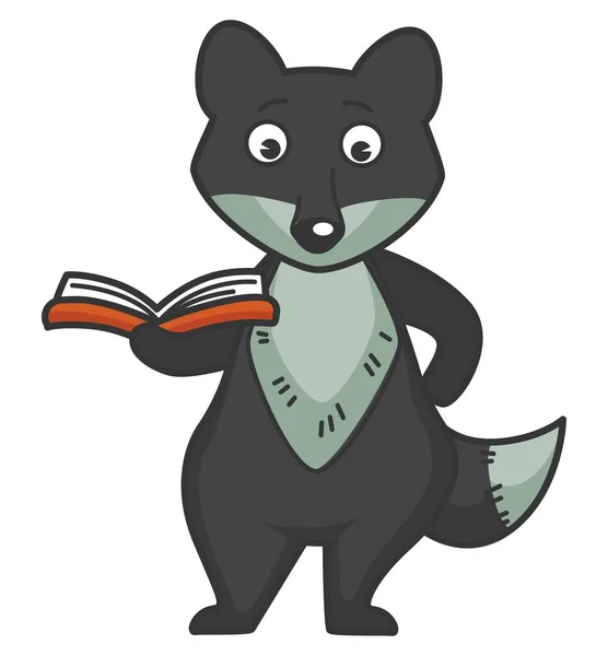 有蓬松皮毛的友善狼站在红色精装书的小本子上 幼稚的野生动物字符阅读书籍和得到更聪明的孤立卡通平面矢量图白色背景 — 图库矢量图片