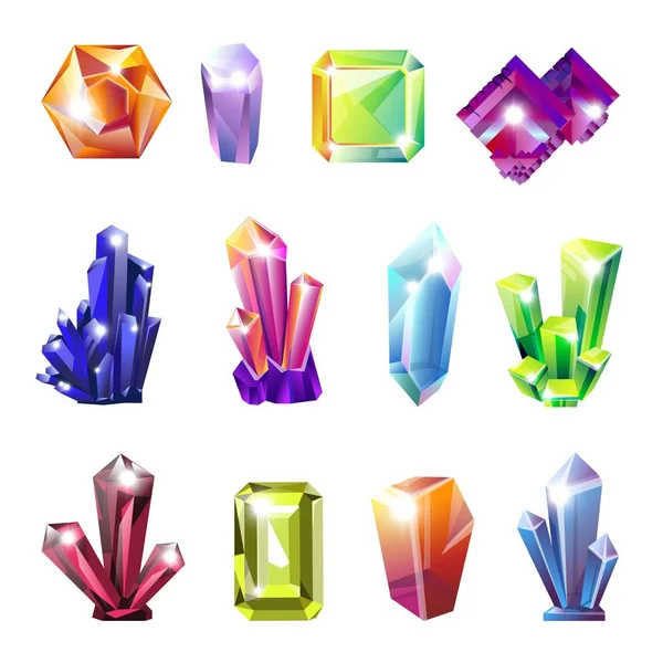 Shiny Precious Natural Crystals All Shapes Set Uncut Expensive Stones — Stock Vector