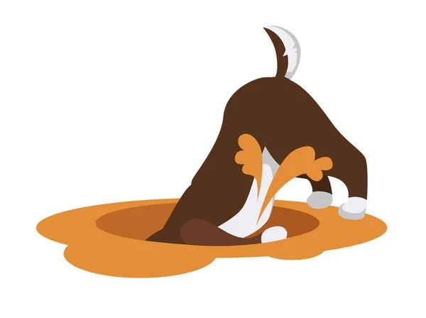ハスキー犬は 砂に大きく深い穴を掘っていきます 家畜外楽しくしています 哺乳動物は 地面に半分隠します アクティブな血統書付きのペットは 白い背景の上の孤立した漫画フラット ベクトル図をトンネル — ストックベクタ