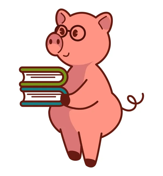 大粉红色的猪 小卷曲的尾巴在眼镜持有厚书堆 家畜尝试更聪明和学习教科书孤立卡通平面矢量插图白色背景 — 图库矢量图片