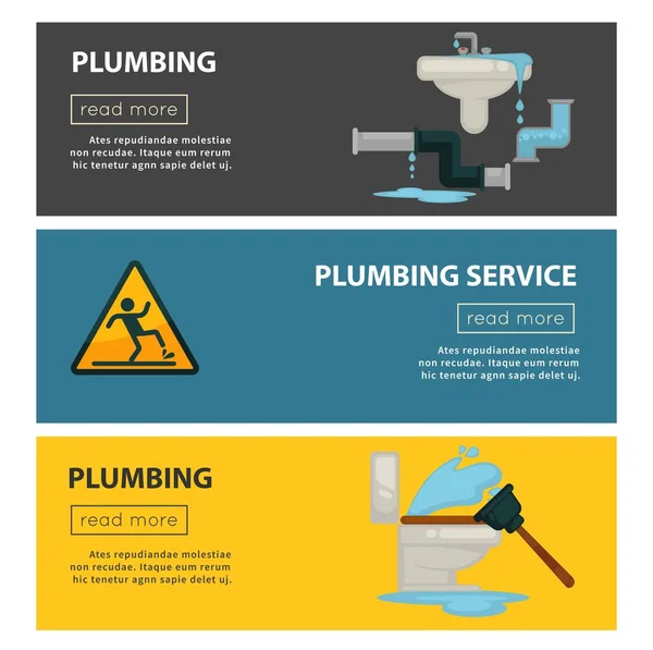 家庭水暖服务管道工工具的 Web 厨房水槽 卫生间污水管 水管渗漏夹具或湿地板警示标志的矢量平坦设计 — 图库矢量图片