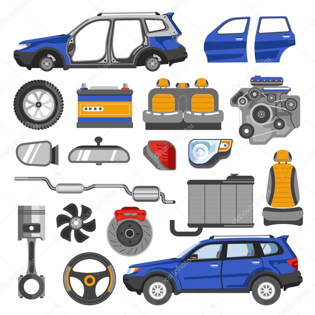 Modern car in solid and disassembled form with all details. Vehicle internal parts and salon elements. Transport construction isolated cartoon flat vector illustrations set on white background.