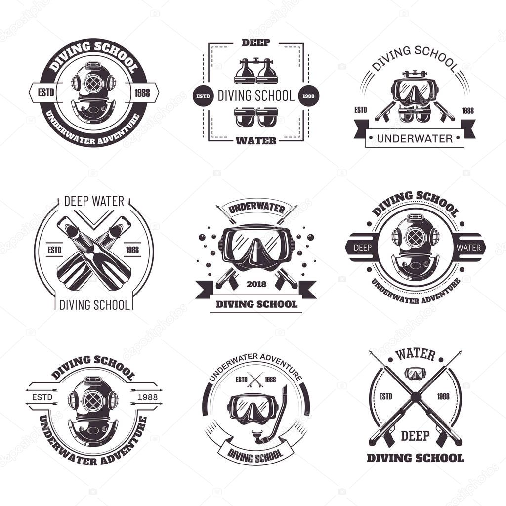 Diving school promo monochrome emblems with equipment to explore bottom. Special masks with tubes, big rubber flippers and underwater weapon on logotypes isolated cartoon vector illustrations set.