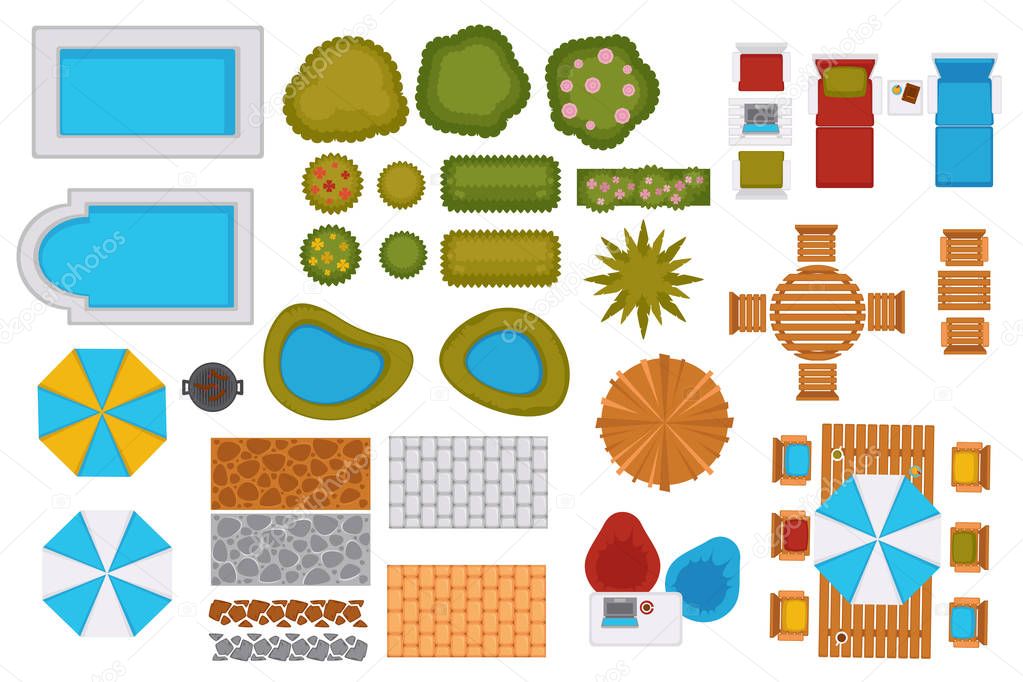 Swimming pools and backyard design elements set. Small pond, green bushes, outside furniture, comfortable recliners, striped umbrellas and surface coverage isolated cartoon flat vector illustrations.