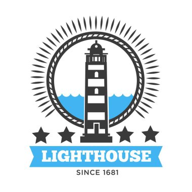 Deniz feneri simgesi deniz veya deniz kavramı için. Retro deniz feneri, afiş ve yıldız vektör izole düz logosunun sembolü