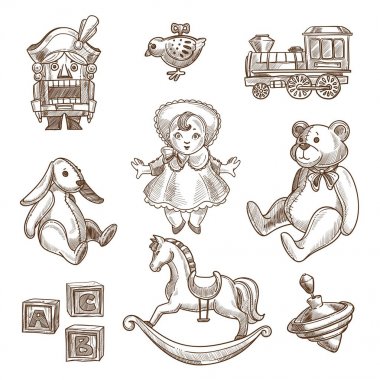 Retro oyuncaklar topluluğu vintage oyuncak bebek ya da Fındıkkıran, at salıncak ve peluş ayı veya bunny kroki. Vektör elle çizilmiş simgeler alfabe küpleri ve clockwork oyuncak, oyuncak tren ve iplik üst