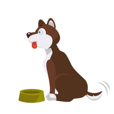 Köpek boş plastik kase yemeğe oturur. Aç ev evde beslenen hayvan beslenme için bekler. Kolay evde beslenen hayvan ile kuyruk dalgalar ve dishware izole karikatür düz vektör çizim yakınındaki dilini dışarı sopa.