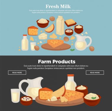 Süt ve Mandıra ürünleri web banner Pazar shop veya mağaza için vektör. Vektör süt, ekşi krema veya yoğurt ve peynir tereyağı veya sütlü tatlı gıda tatlılar ve atıştırmalık veya içecekler ile