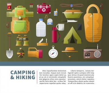 Kamp ve aksesuarları scout kamp macera poster için yürüyüş. Kamp çadır ve uyku tulumu, maçlar için kamp ateşi ya da radyo vektör ve sırt çantası içinde dürbünlü küreği