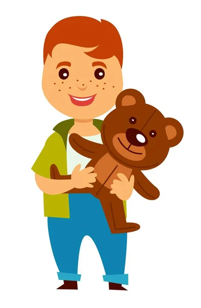 有雀斑的红发男孩抱着软泰迪熊 小友好的孩子在时髦的衣服站立与玩具在森林动物的形状孤立卡通平面矢量图白色背景 — 图库矢量图片