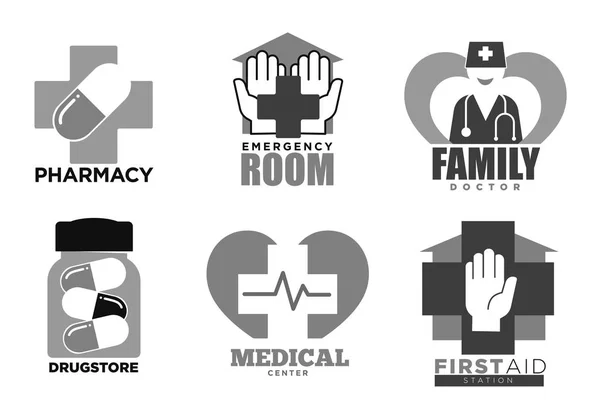 Hospital Clínica Médica Modelos Logotipo Farmácia Conjunto Ícones Vetoriais Cruz —  Vetores de Stock