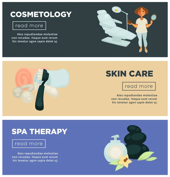 Cosmetologia Terapia Spa Para Skincare Promo Banners Internet Mulher Cosmetologista —  Vetores de Stock